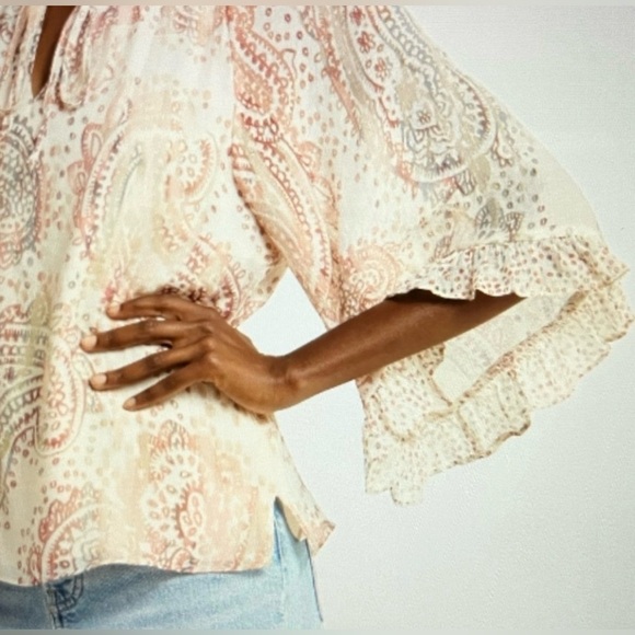 Paisley Ruffle Bell Sleeve Lined Tie Strings Sz Medium Boho Coastal Cowgirl - Picture 7 of 12